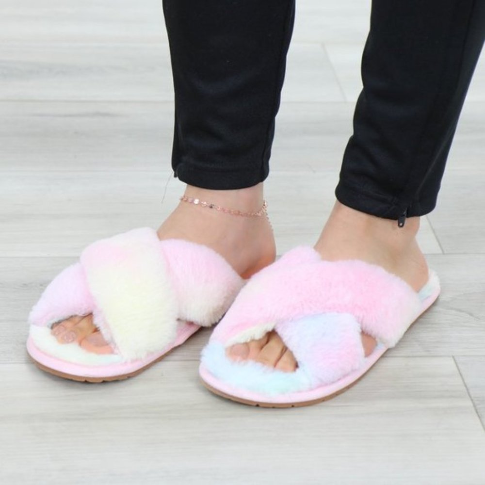 Tie Dye Fuzzy Plush Criss Cross Sandal Sliders - Picture 5 of 16